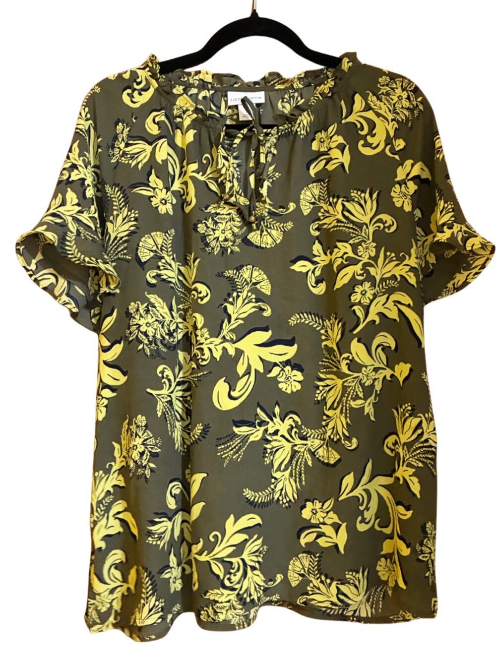 Liz Claiborne Women's L Olive Green Yellow Floral Blouse Flutter Sleeve Boho Tie